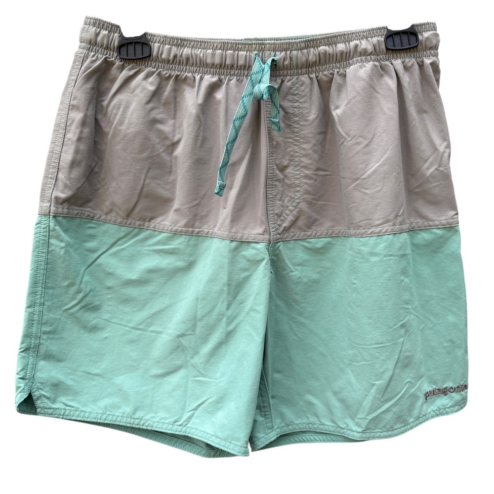 Patagonia Mens Medium Swim Shorts Grey Green Colorblock 5" Inseam Beach Gorpcore